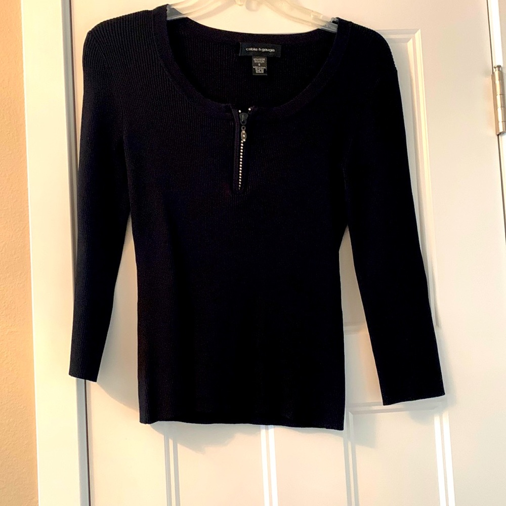 Cable & Gauge Sweater Black S Rhinestone Stretch Evening Glam Quarter Zip